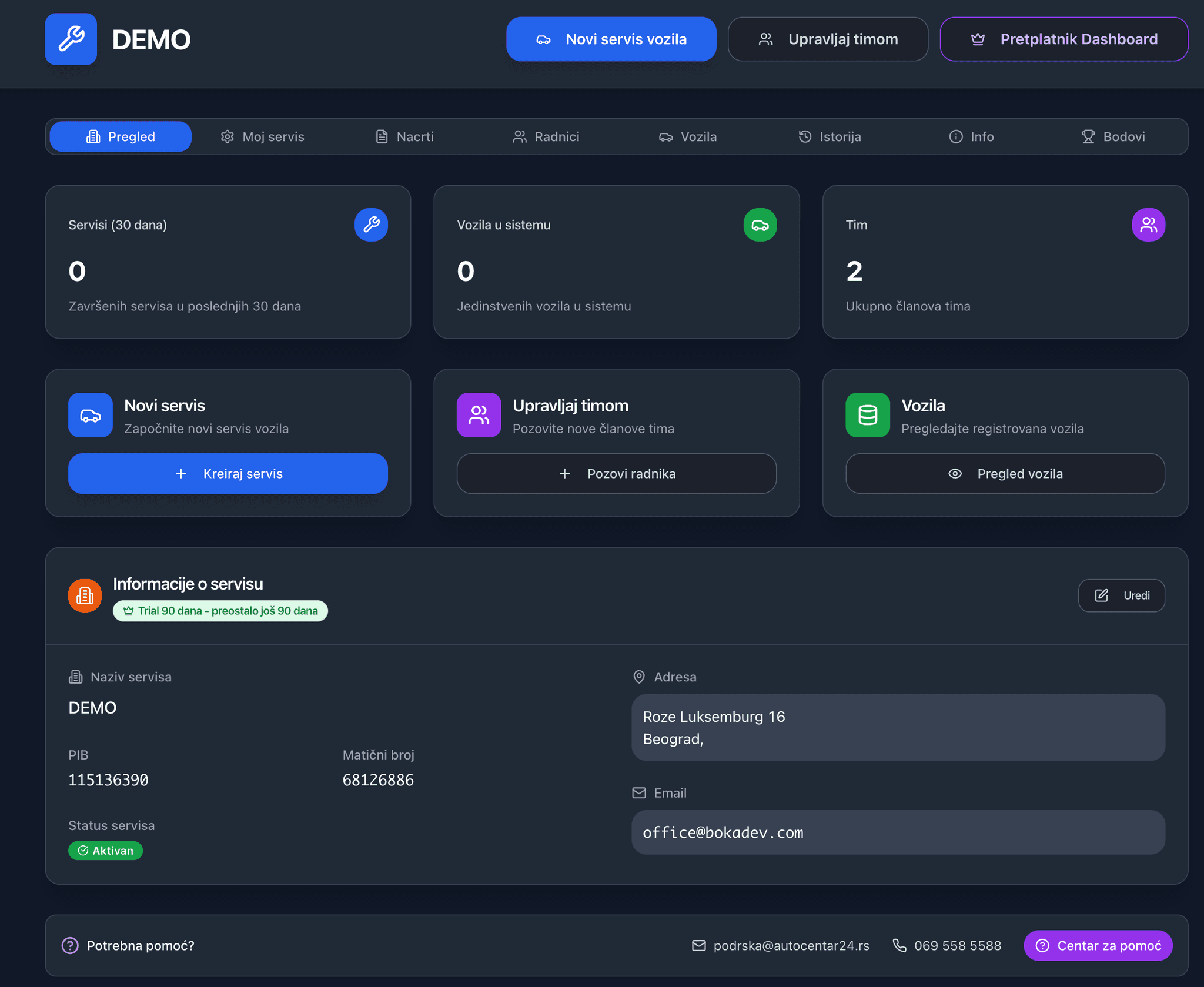 AutoCentar24 Dashboard - Pregled servisa